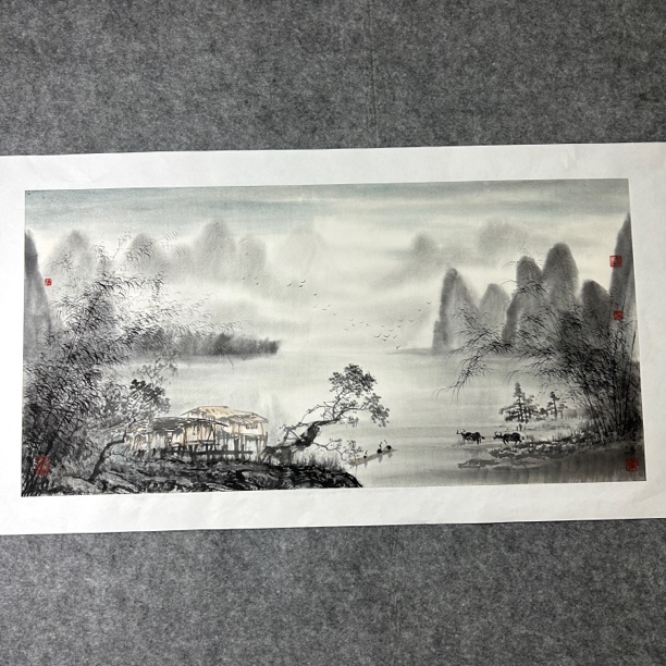 邓平   手绘国画宣纸水墨漓江竹林100*50com画芯送托底带保真视频