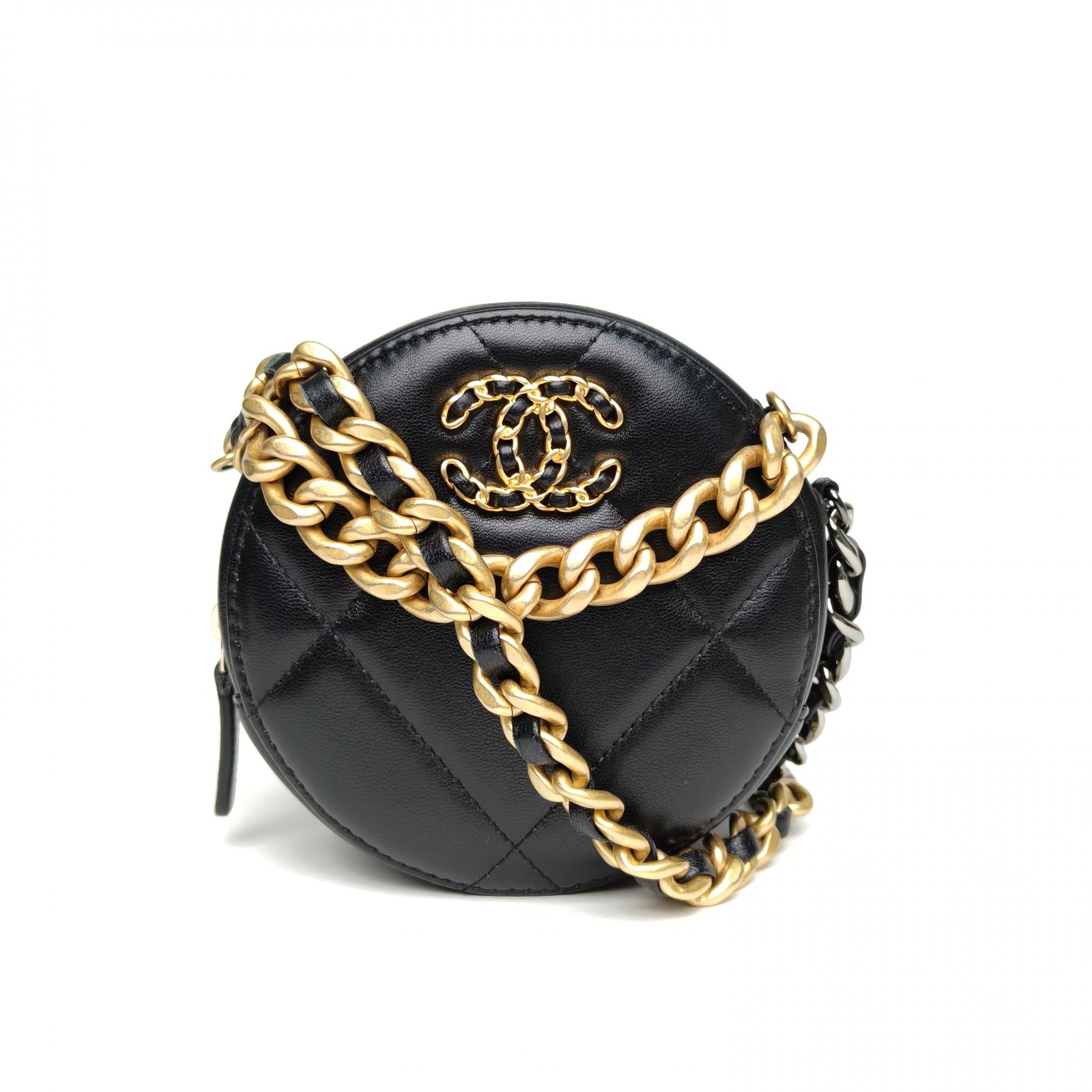 95新 Chanel/香奈儿 【双攀】19BAG 小圆饼包 黑色 皮革S 31开 