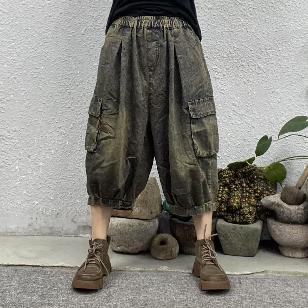 26061-1两腿拼立体口袋内抽绳灯笼炒色牛仔裤（长73臀围152脚口48