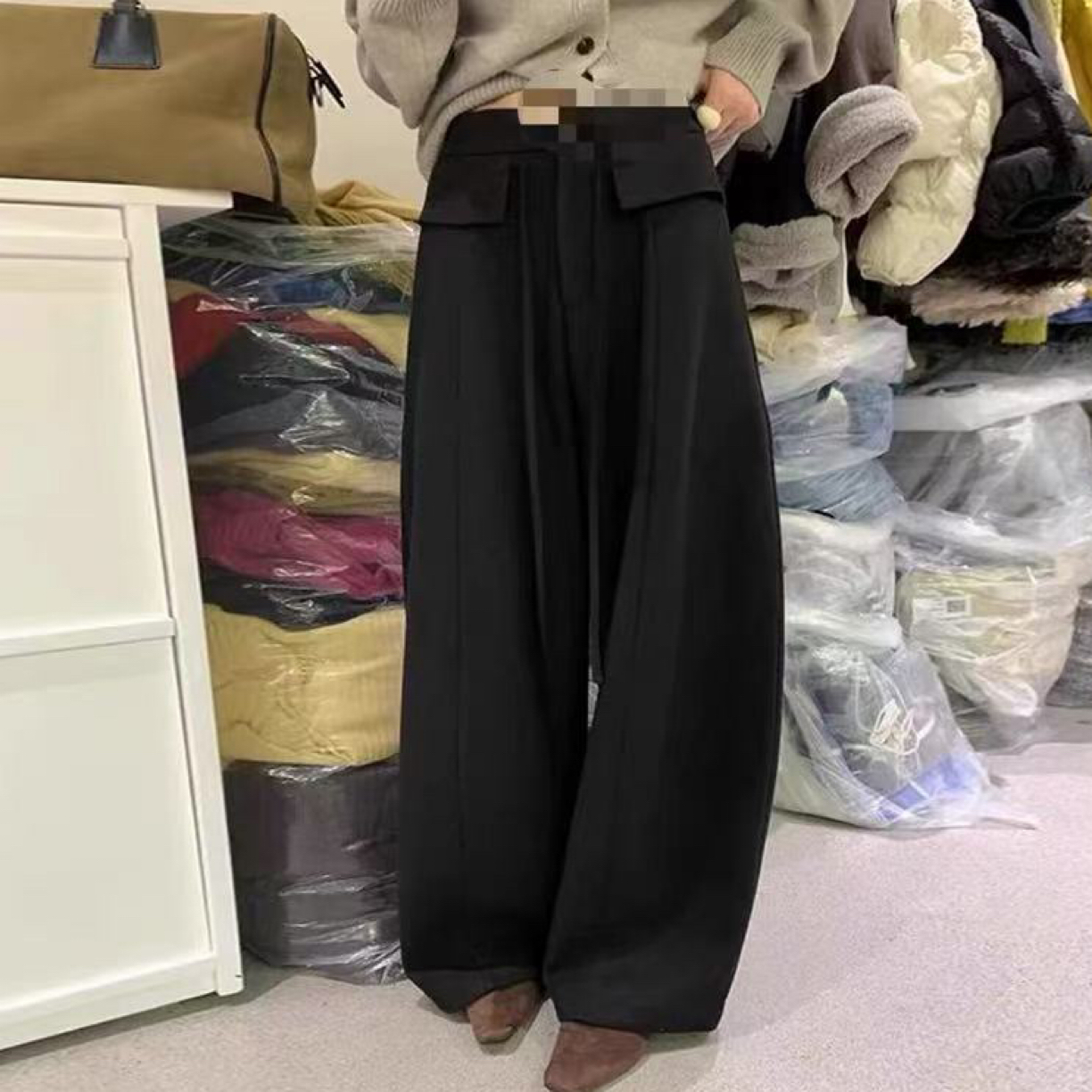 1683韩版翻腰毛呢休闲胶囊裤X样