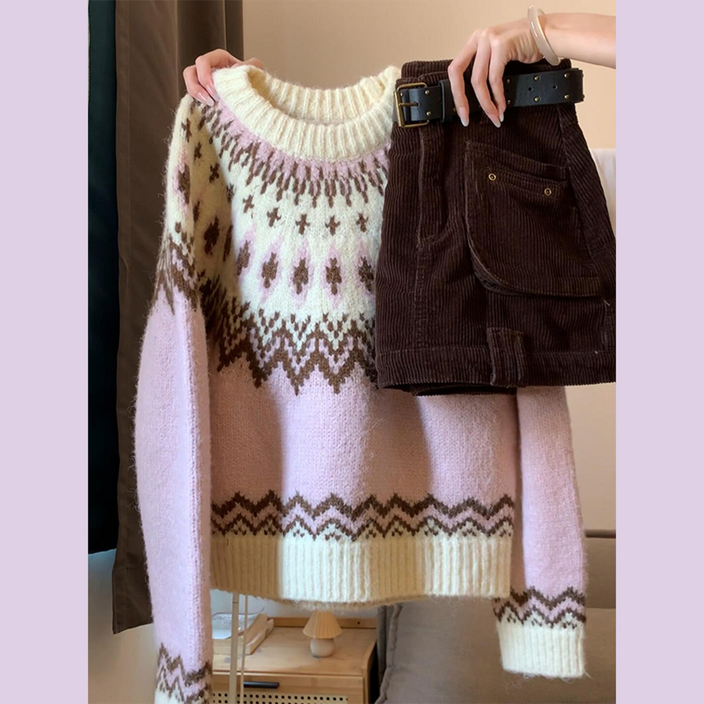 【现货+运补5米】粉紫色提花费尔岛毛衣女秋冬季新款慵懒7650