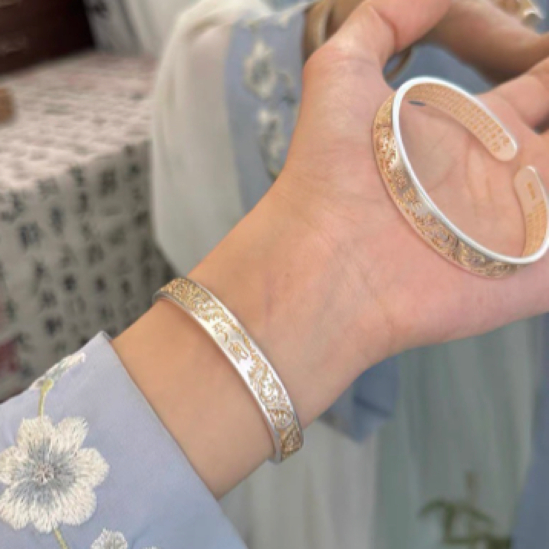 足银手镯 A08足银999开口描金卷草纹宽版情侣闺蜜对镯