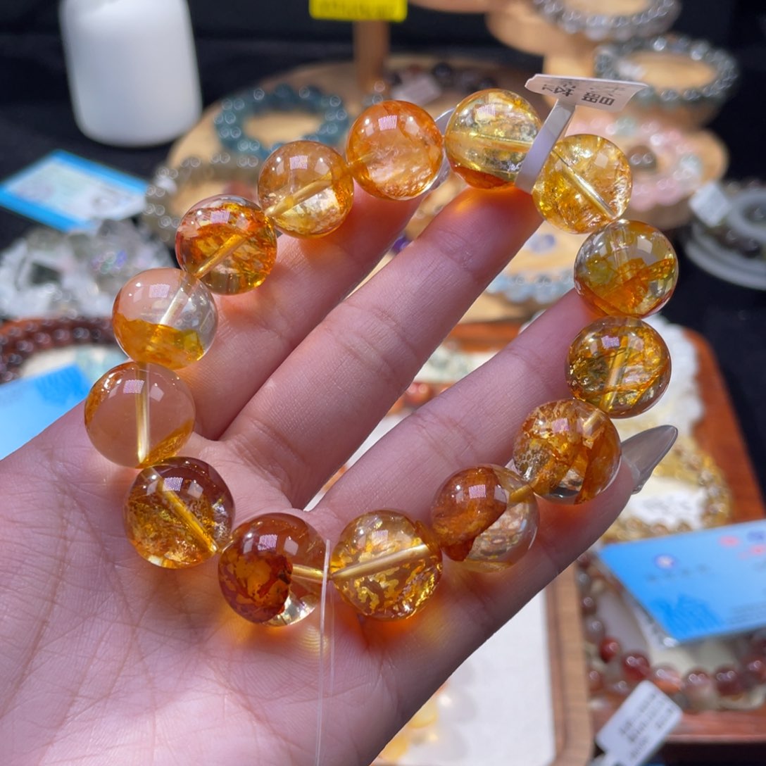 水晶手串未镶嵌威士忌黄胶花