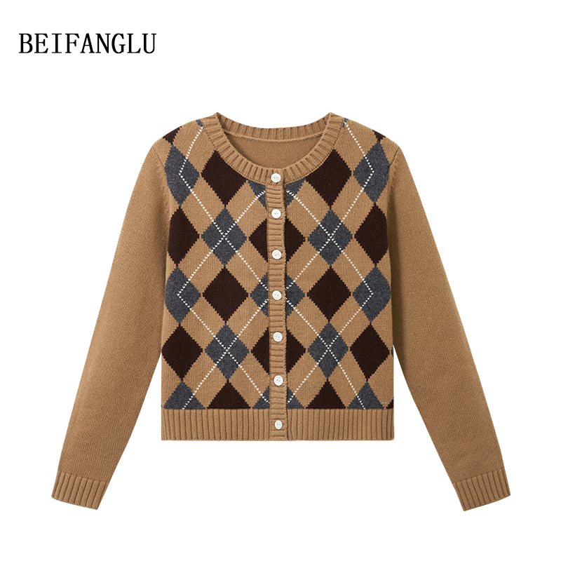 北方鹿【100%绵羊毛】M*系气质学院风菱格提花针织短款开衫女251429