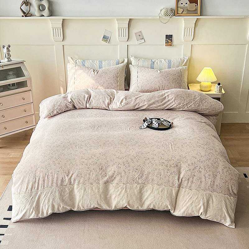 法式花边款纯棉双层纱四件套全棉套件舒适柔软印花双层纱四件套