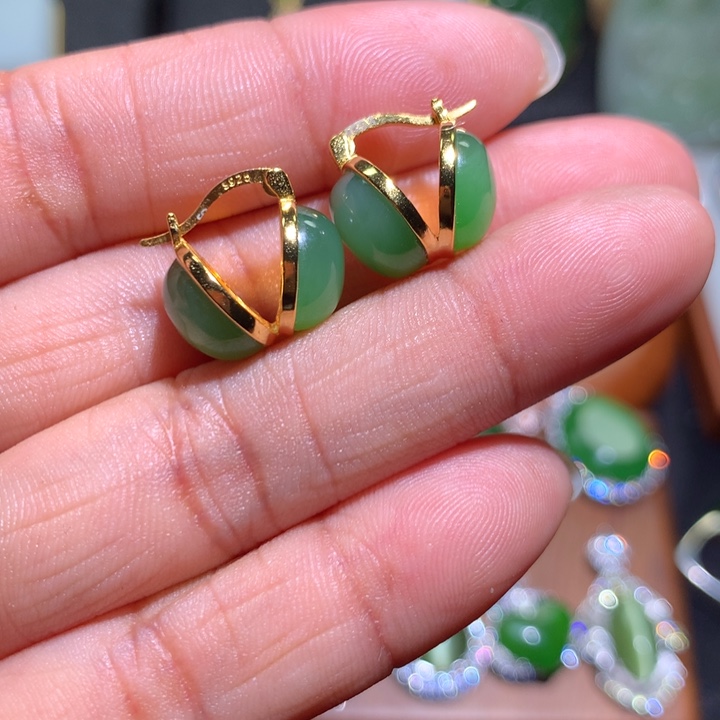 和田玉耳扣银S925镶嵌