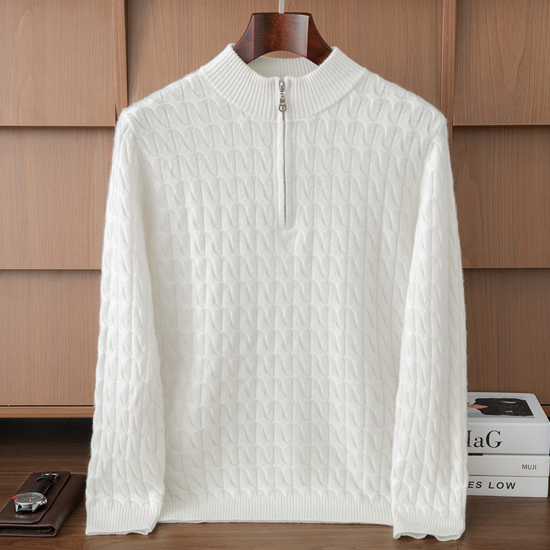 【秋冬上新】七针双股加厚拉夫同款半拉链半高领扭花男士羊绒衫