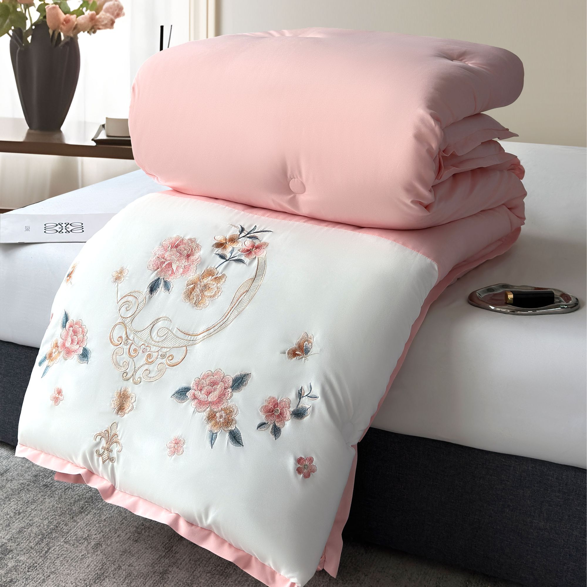 JKS亲肤柔拼接粉红富贵牡丹高精密刺绣绣花款秋冬被zb