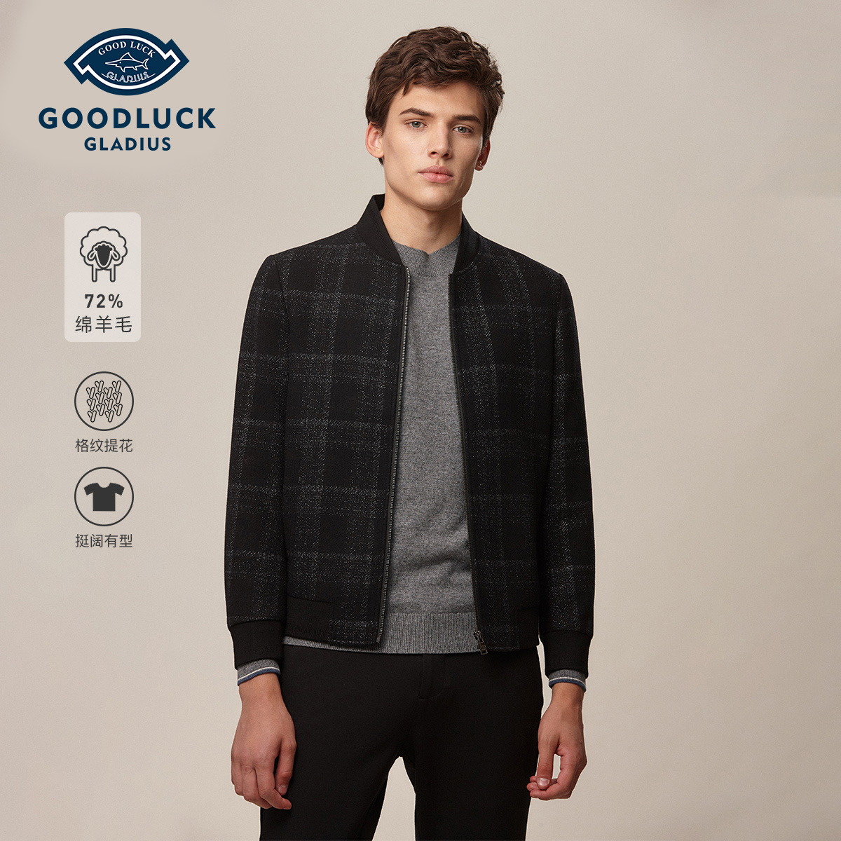 德鲨修身男士夹克立领格子毛呢舒适沙丘风大衣男款父亲秋装295353