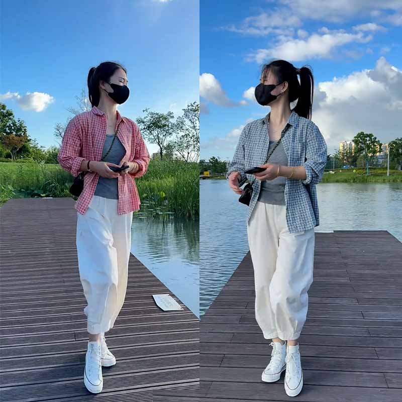 2025夏季新款设计感粉色格子衬衫女灰色背心休闲白色九分裤三件套