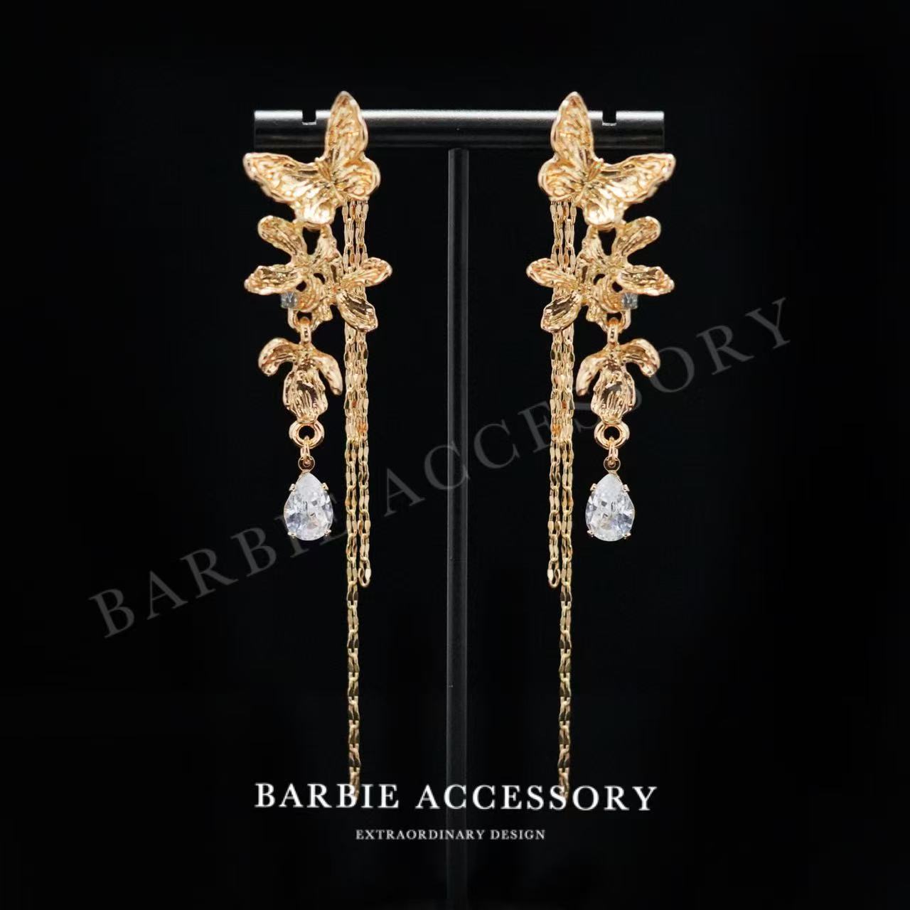 铜合金合成锆石耳饰 【蝶舞金遇】法式中古轻奢设计款高级感耳环