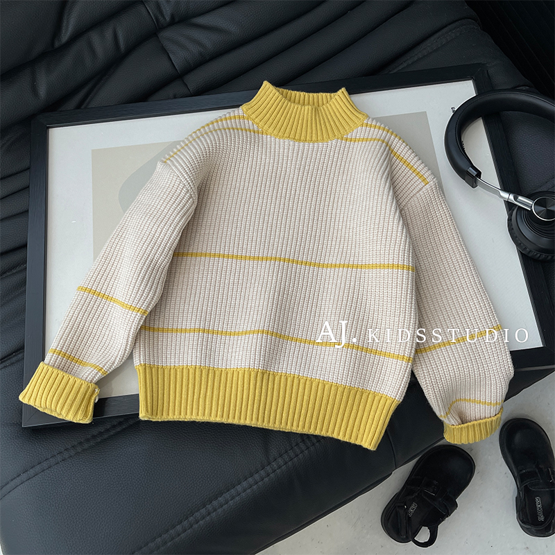 冬款女童韩版时尚撞色条纹复古休闲保暖套头毛衣MPG7488