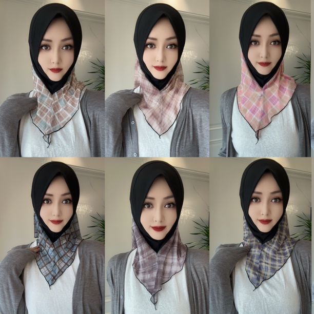 RJ水晶麻拼接格子网纱套头头巾