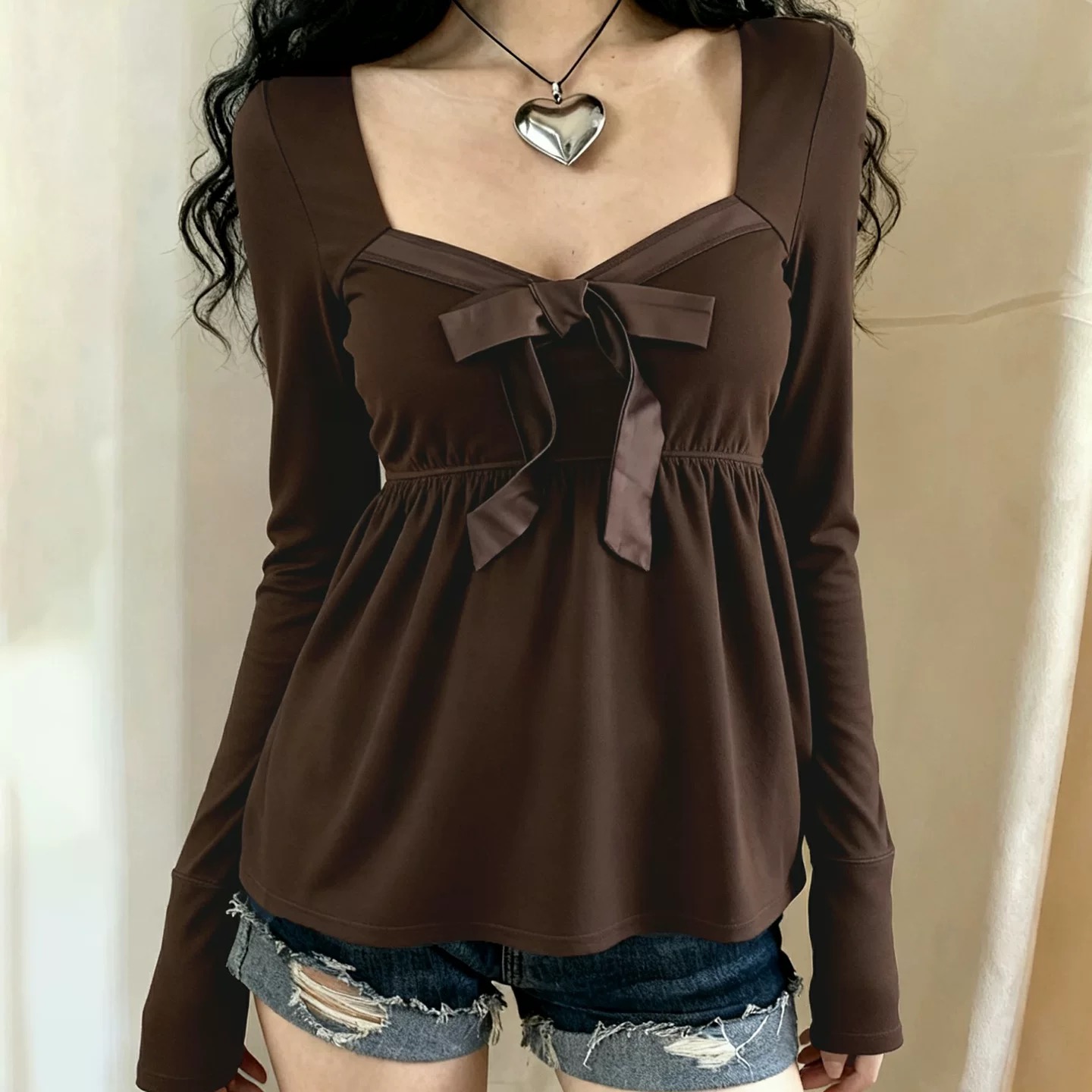 小海鸥蝴蝶结娃娃衫女bm美式方领系带显瘦辣妹风长袖加绒T恤#8418