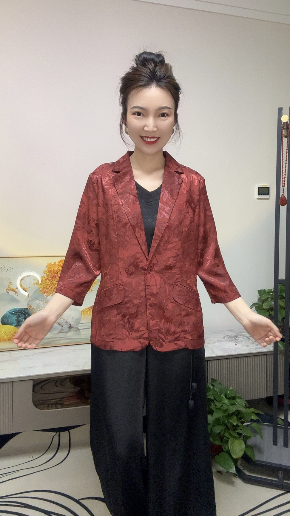 妈妈装高端西服上衣提花开衫纯色西服领外套