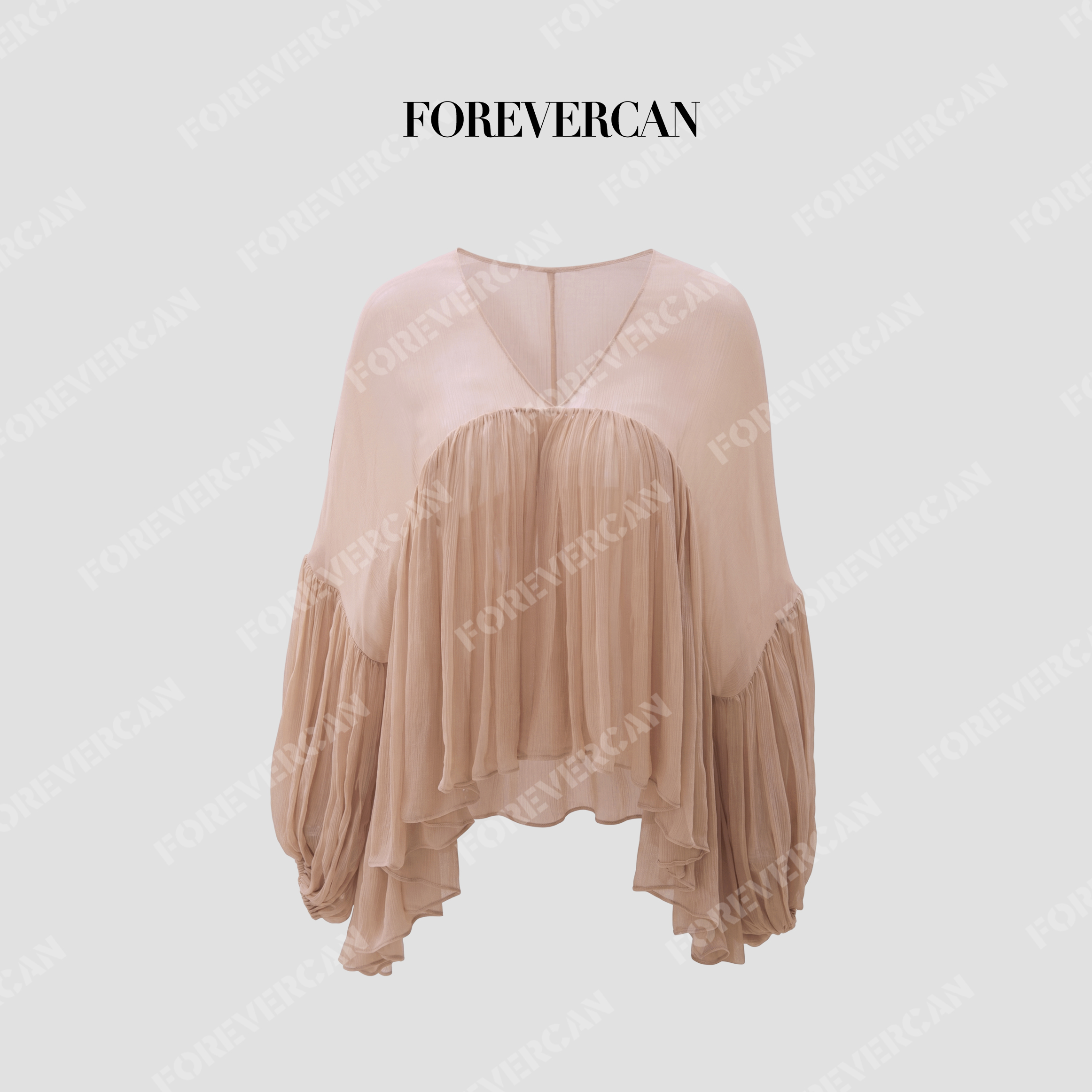 FOREVERCAN“沙丘玫瑰”100人丝V领荷叶边灯笼袖宽松上衣ST55112