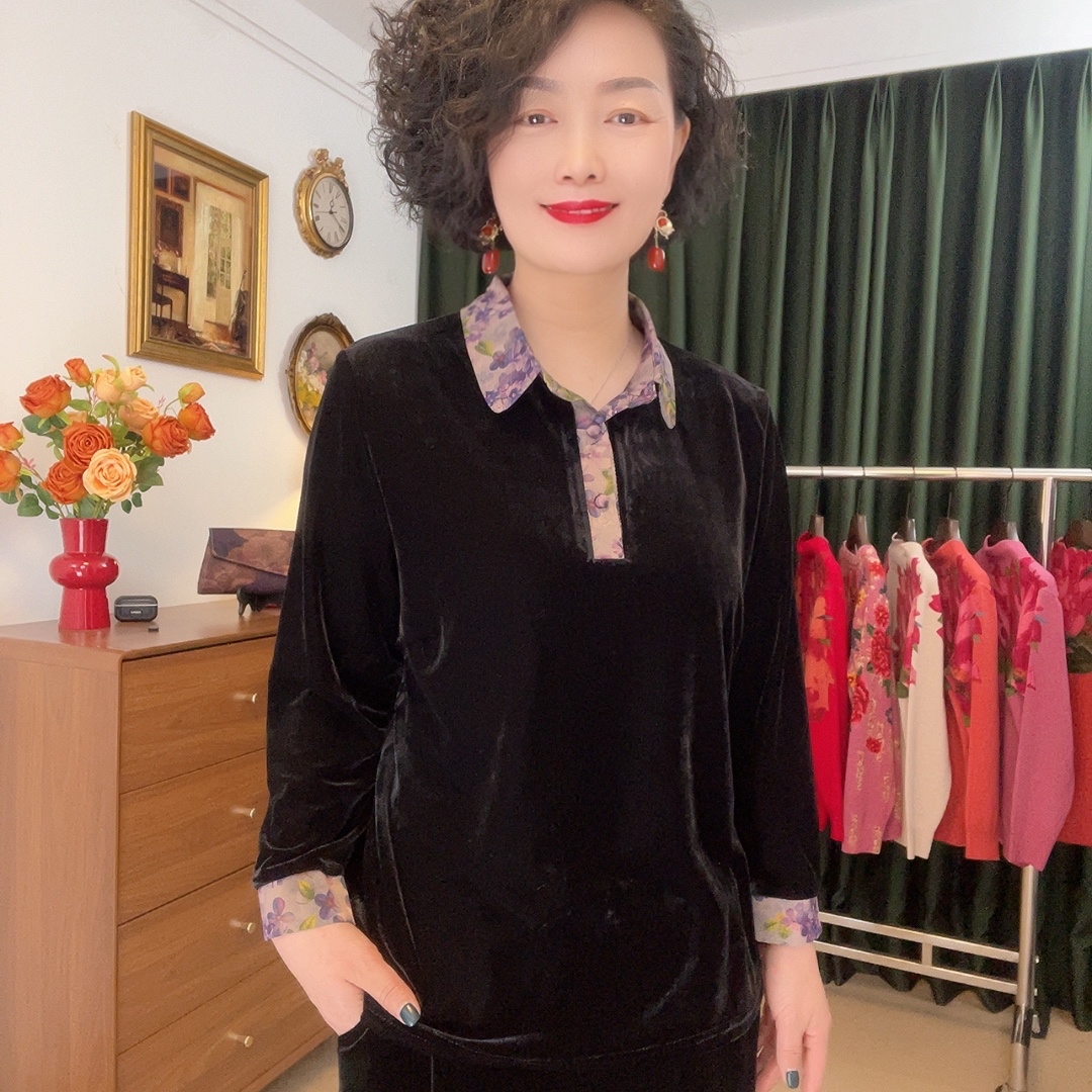 【伊人】丝绒翻领新中式改良上衣妈妈装