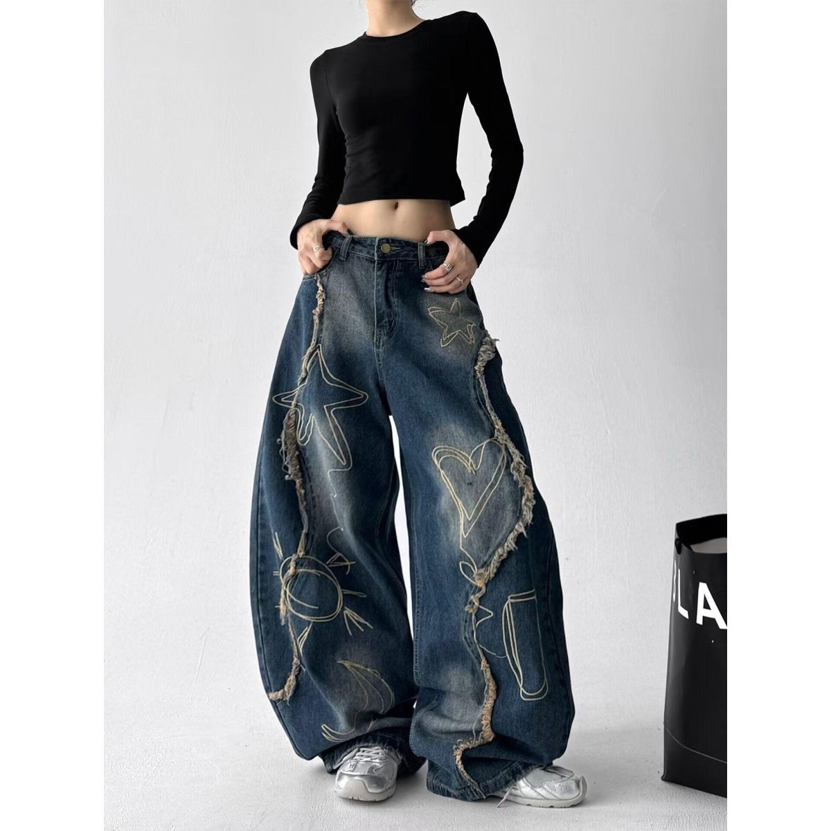 重工水洗做旧牛仔裤女2025秋季新款高腰显瘦弯刀阔腿裤子潮