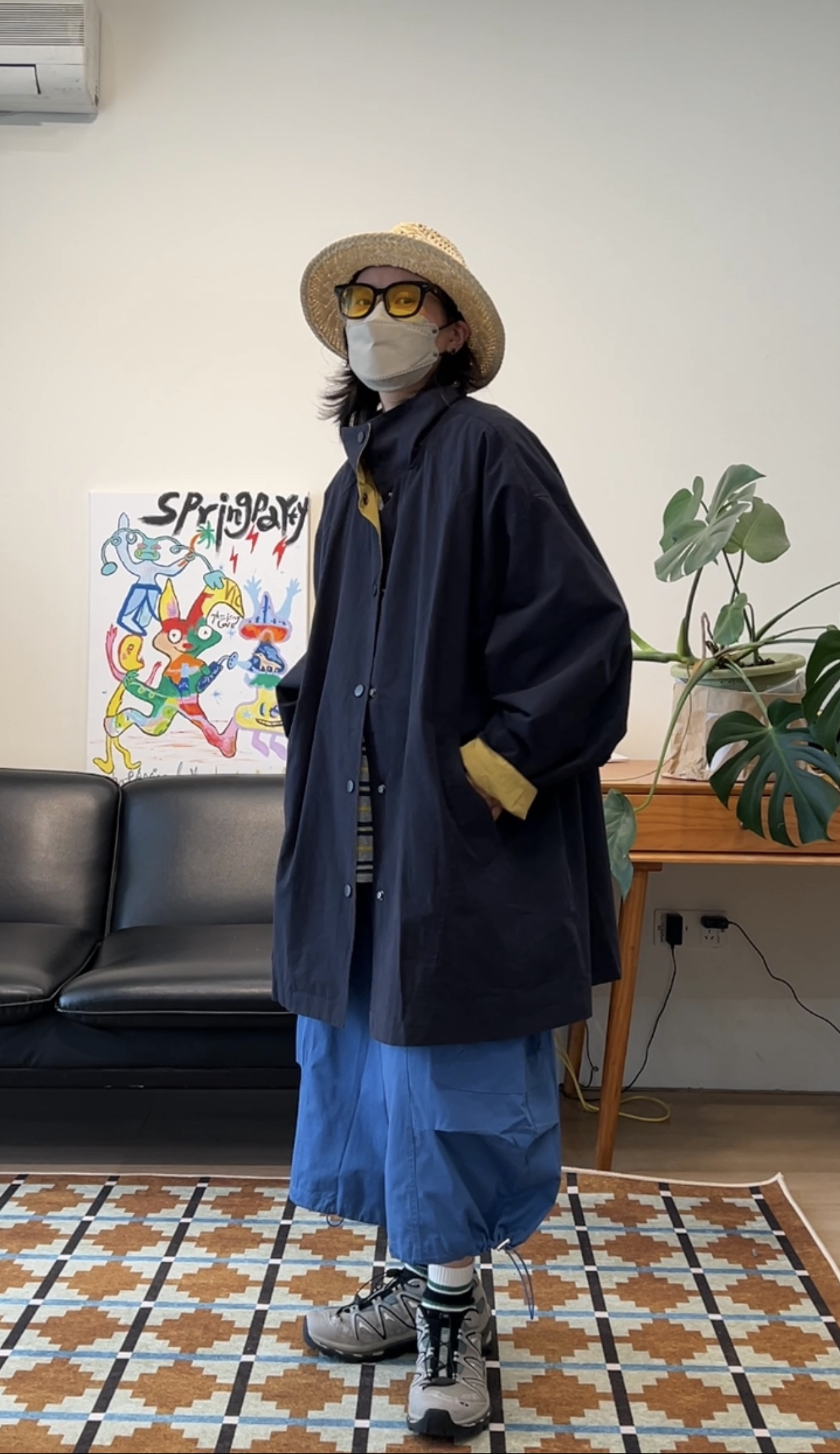 日系复古撞色大宽松休闲中长款风衣