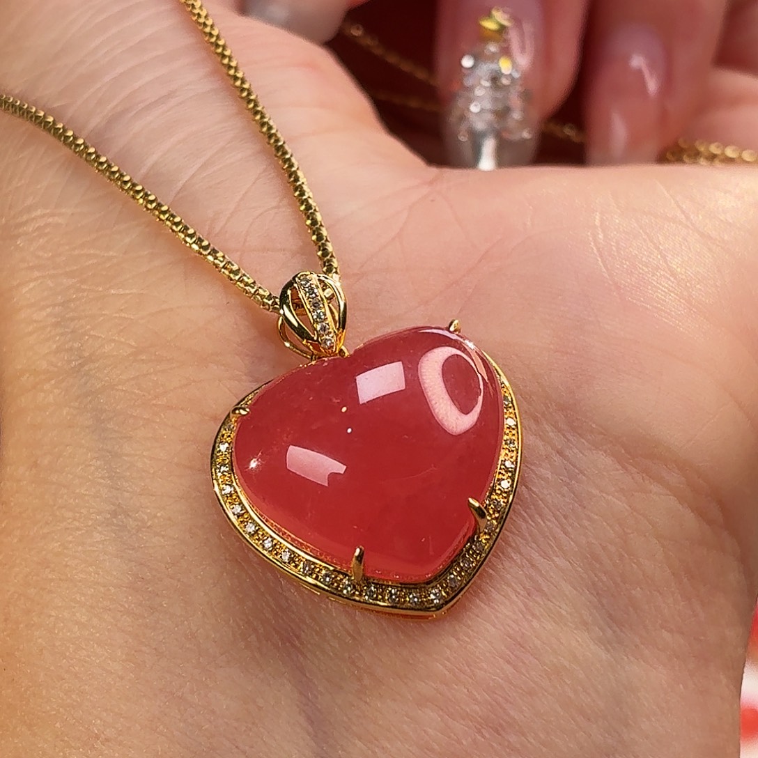 菱锰矿（红纹石）18K金镶嵌吊坠(不含链)