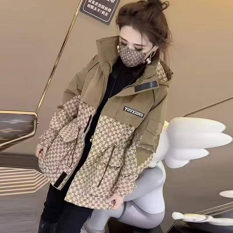 CM04拼接加绒卡其拼色女风衣长袖加厚百搭拼色宽松连帽