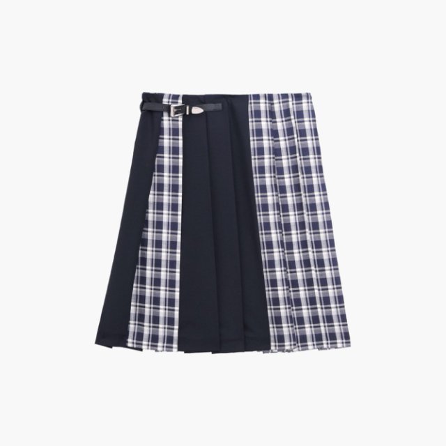 【ETHOR】25秋冬 ERFW25-117SK 设计师藏青色格纹拼接百褶半裙