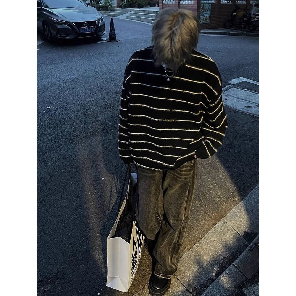 秋冬条纹情侣毛衣男春秋季潮流撞色圆领衣服美式宽松