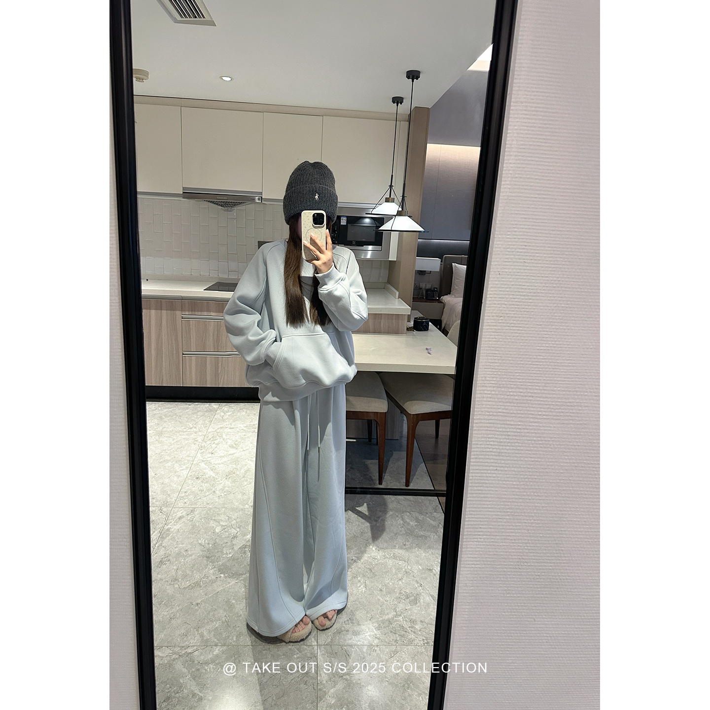 外卖到了蓝色加绒卫衣女加厚套装保暖慵懒两件套上衣WM5PBY10