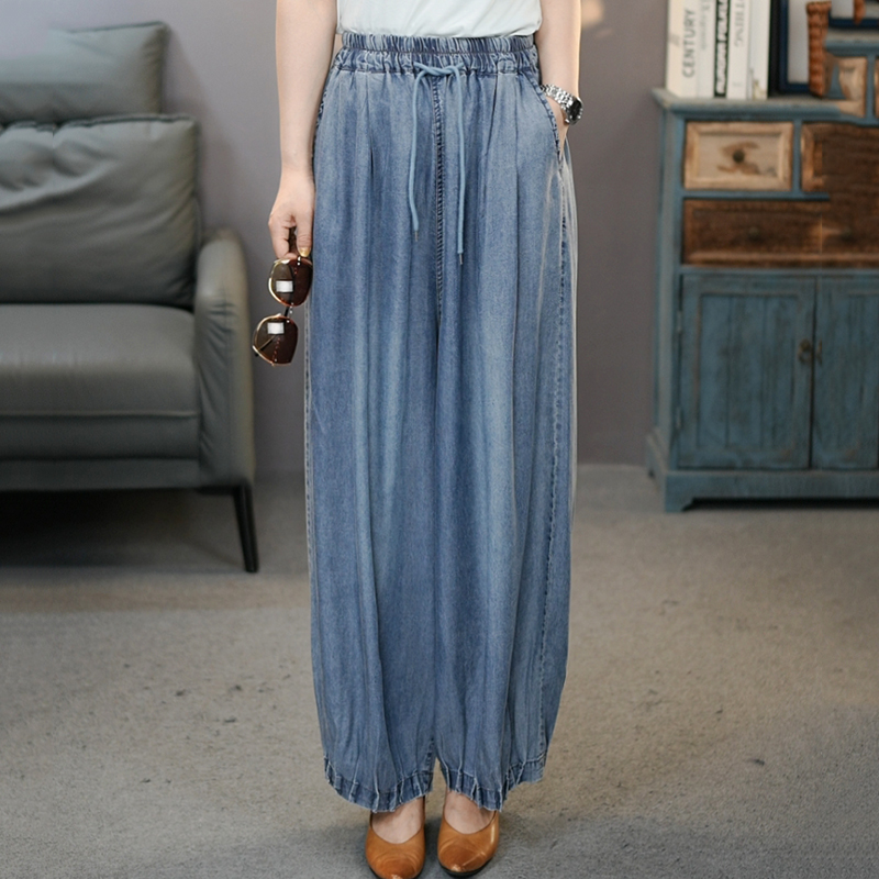 6843蓝夏季新款莱赛尔天丝牛仔裤女2025兜兜裤百搭柔软阔腿裤