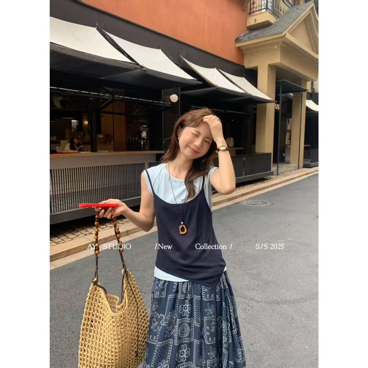 （泫雅套装）额外配胸花！！短袖T+显瘦吊带+芙蓉段半裙+胸花套装C640