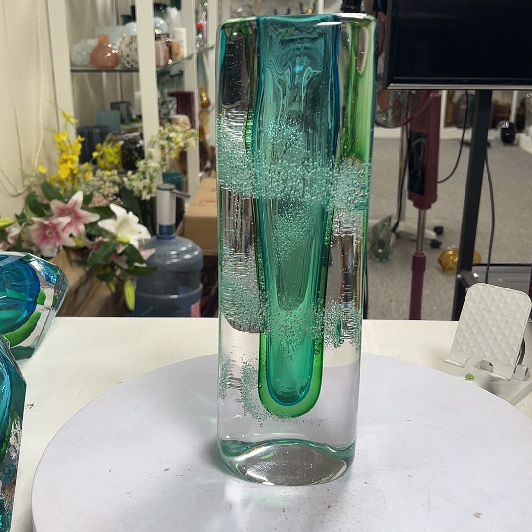 琉璃高30蓝绿气泡缠带琉璃花器