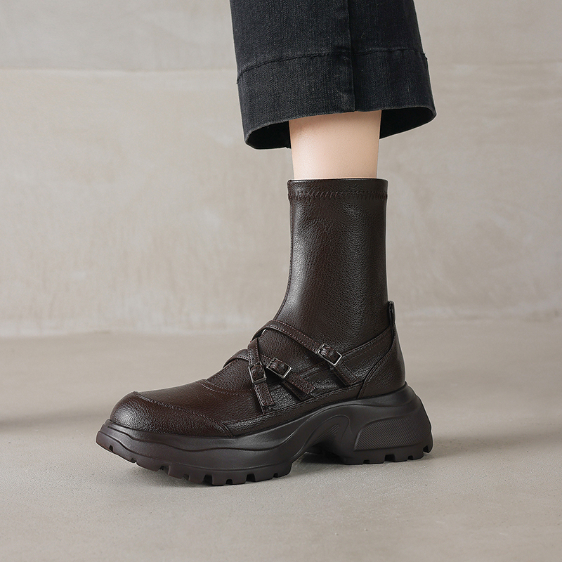 牛皮/跟高5.5cm/2025新款秋季真皮高跟短靴女单靴瘦瘦靴厚底踝靴
