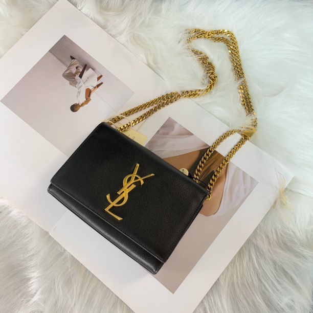 95新 YSL/圣罗兰 黑金翻盖链条斜挎包myy 
