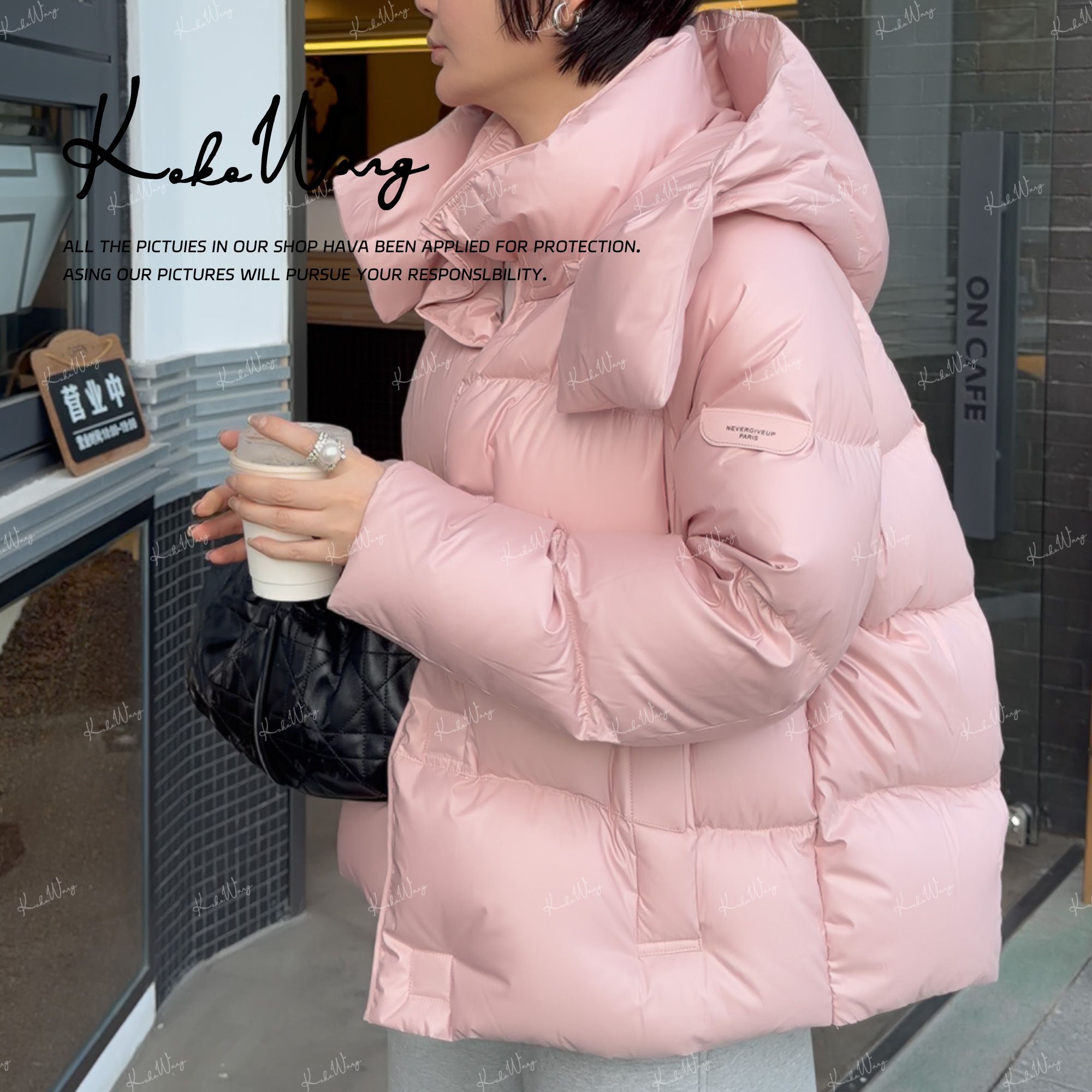 KOKO WANG秋冬连帽立领压格保暖科鲁达95白鹅绒服外套X8055K26W48