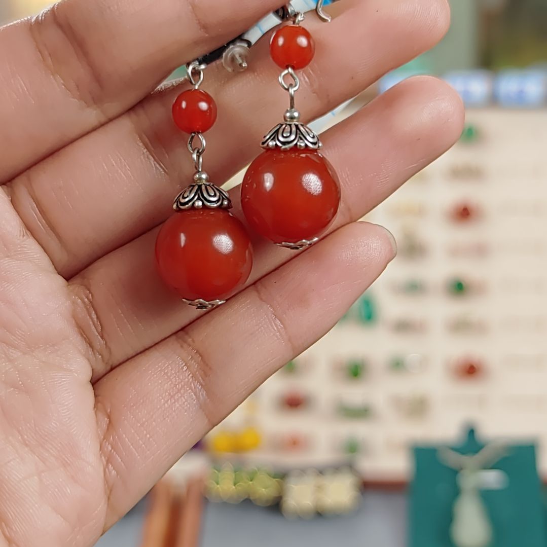 玛瑙手饰银S925镶嵌耳扣