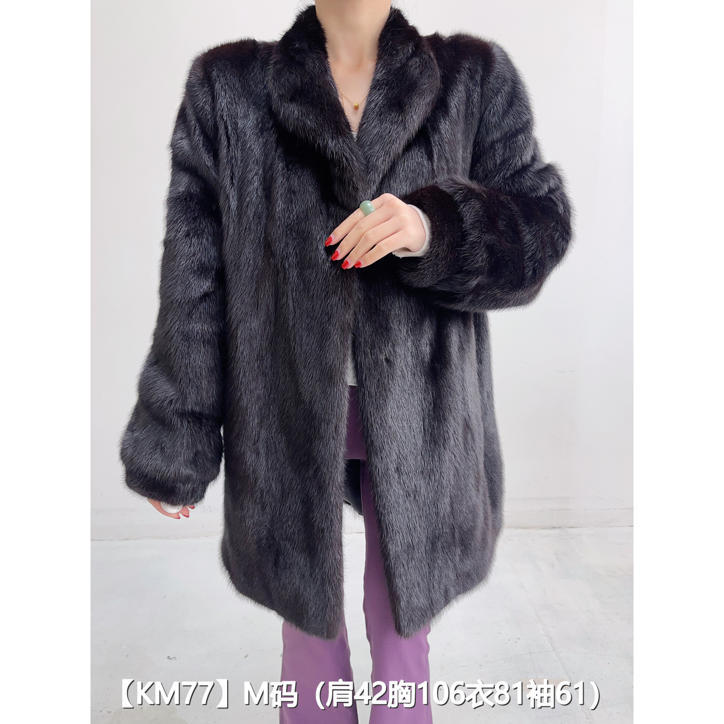 【KM77】M 红黑色中长款全抽貂皮水貂大衣女 翻立领泡泡袖 36077