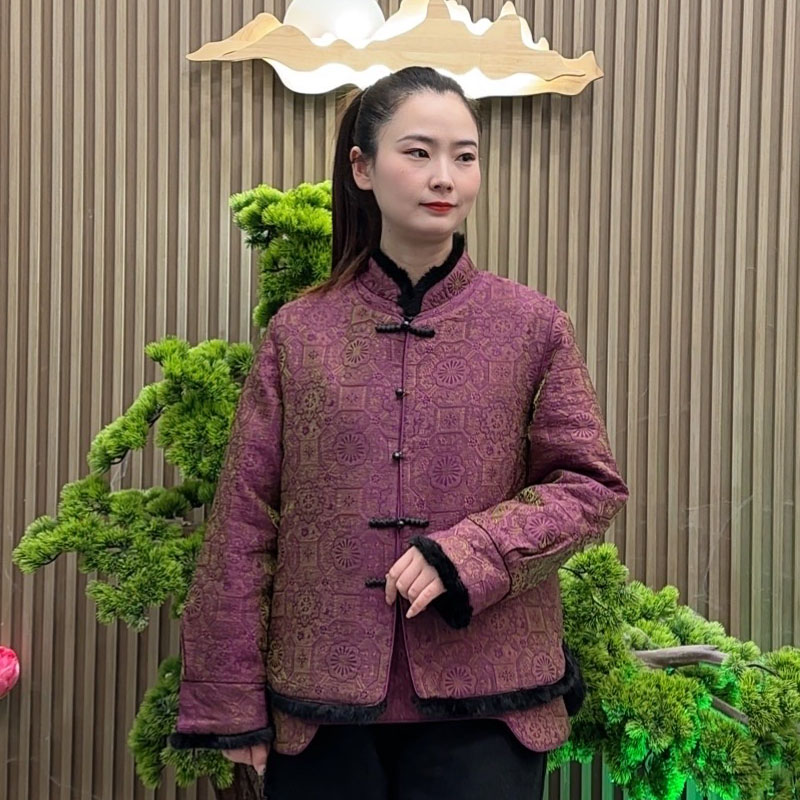 浮光锦人丝提花八达运织锦提花偏襟棉袄 夹棉马甲太极服