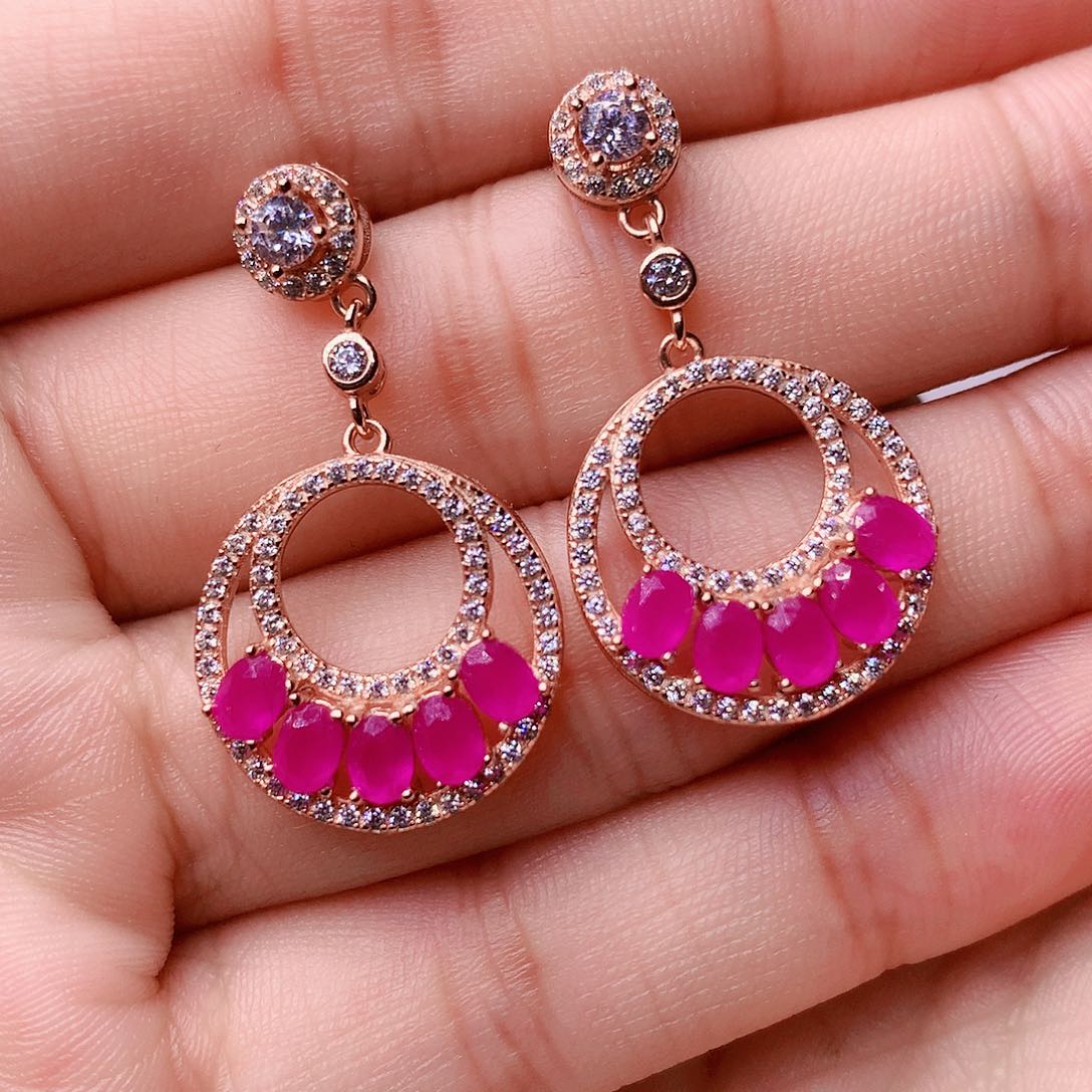 红宝石耳饰银S925镶嵌