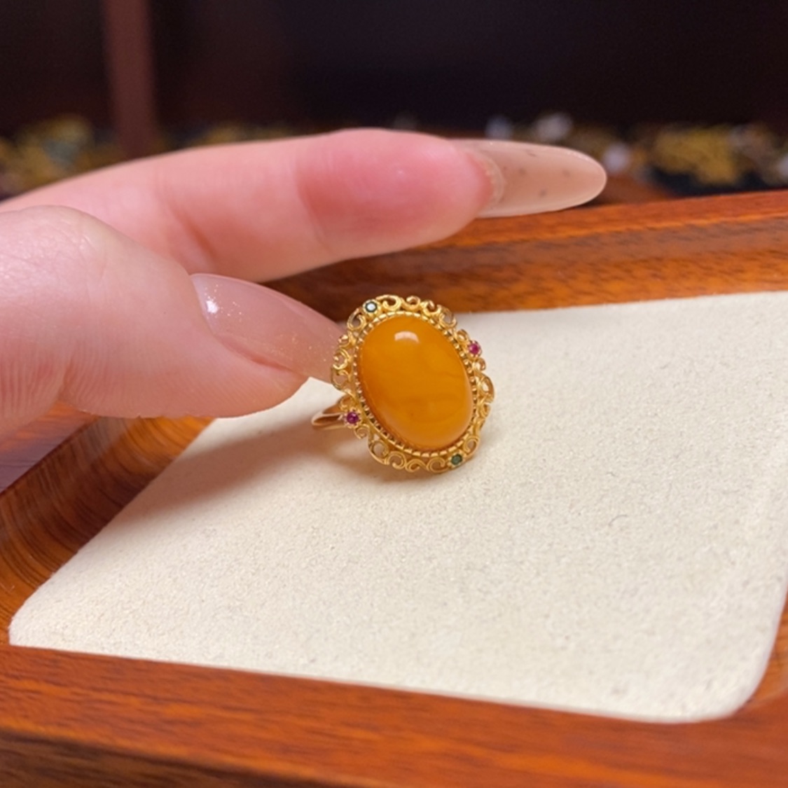 【闪购商品】蜜蜡戒指银S925镀金镶嵌戒指