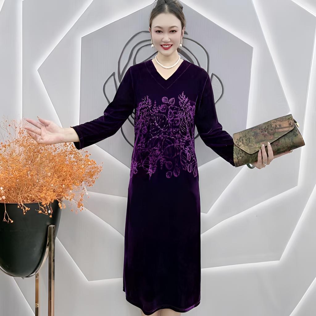 时尚V领重工雕花显瘦中老年妈妈裙