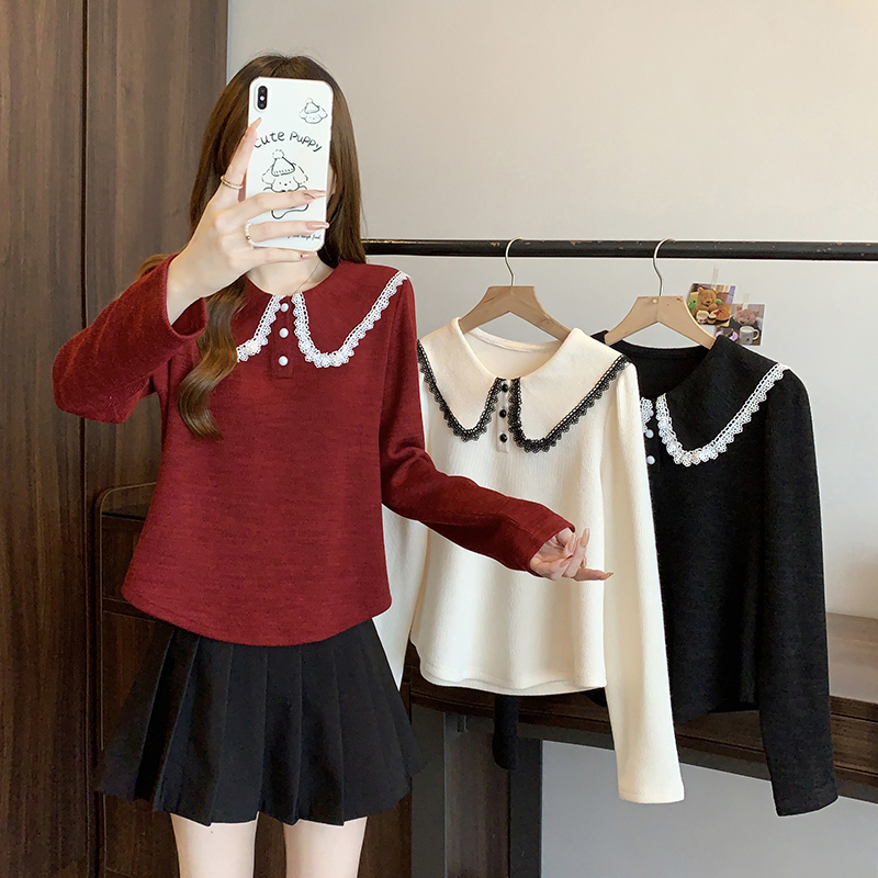 韩版蕾丝边娃娃领加厚保暖内搭打底衫时尚潮2025秋冬新款胖mm大码