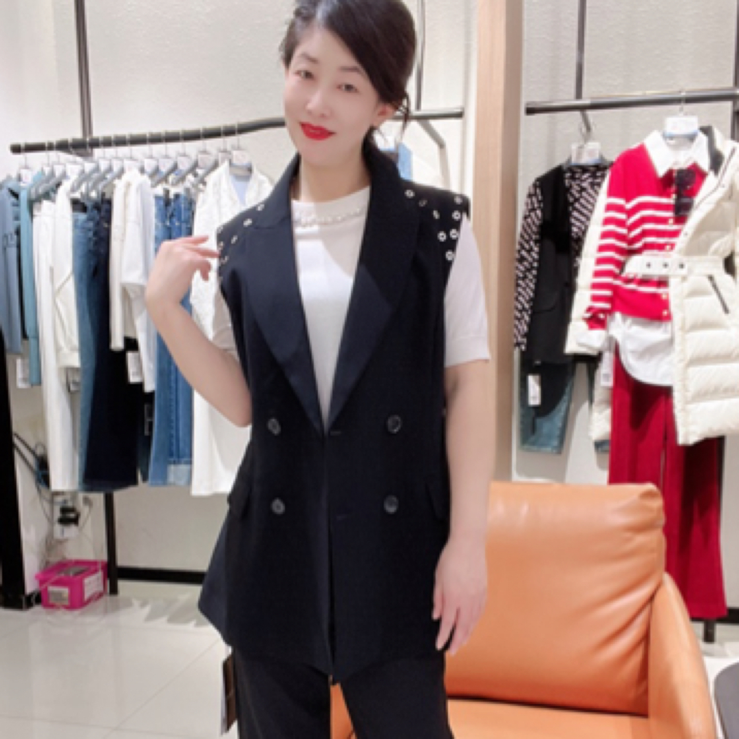 马夹允硕通勤风薄款西装领气质时尚上衣显瘦黑色拼接韩版网红马夹