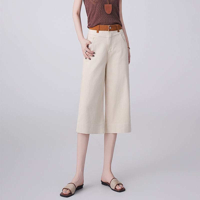 时尚七分裤薄款夏季新品窄版阔腿牛仔裤女高腰宽松弹力拼色直筒裤