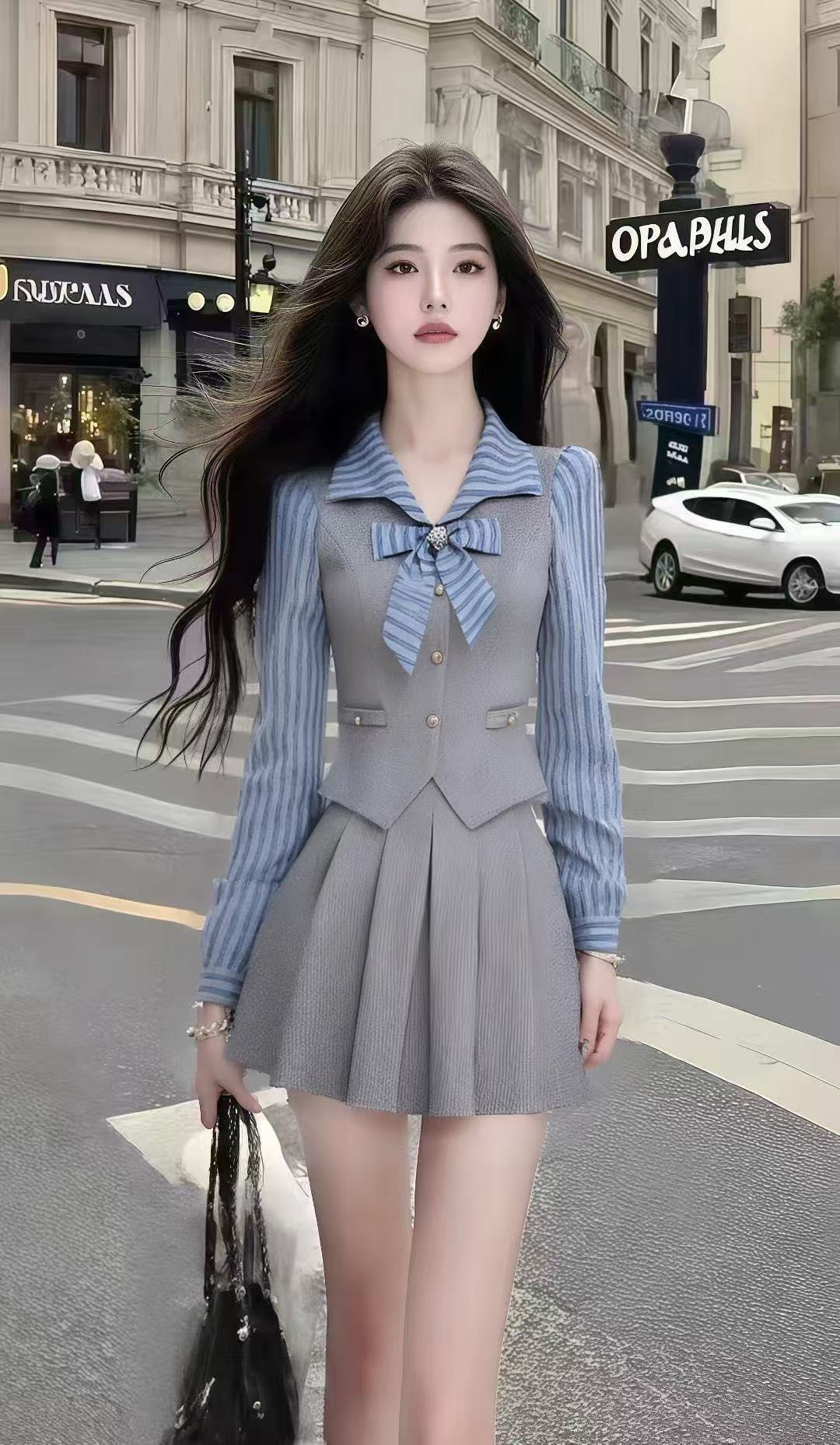 休闲通勤风灰色条纹拼接长袖修身上衣+灰色百搭高腰半身裙两件套