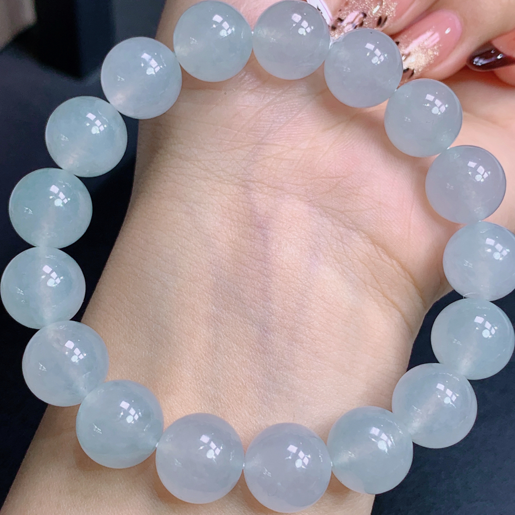 天然缅甸A货翡翠冰种冰胶白月光圆珠手串j尺寸12+mm配证书11-9@zh