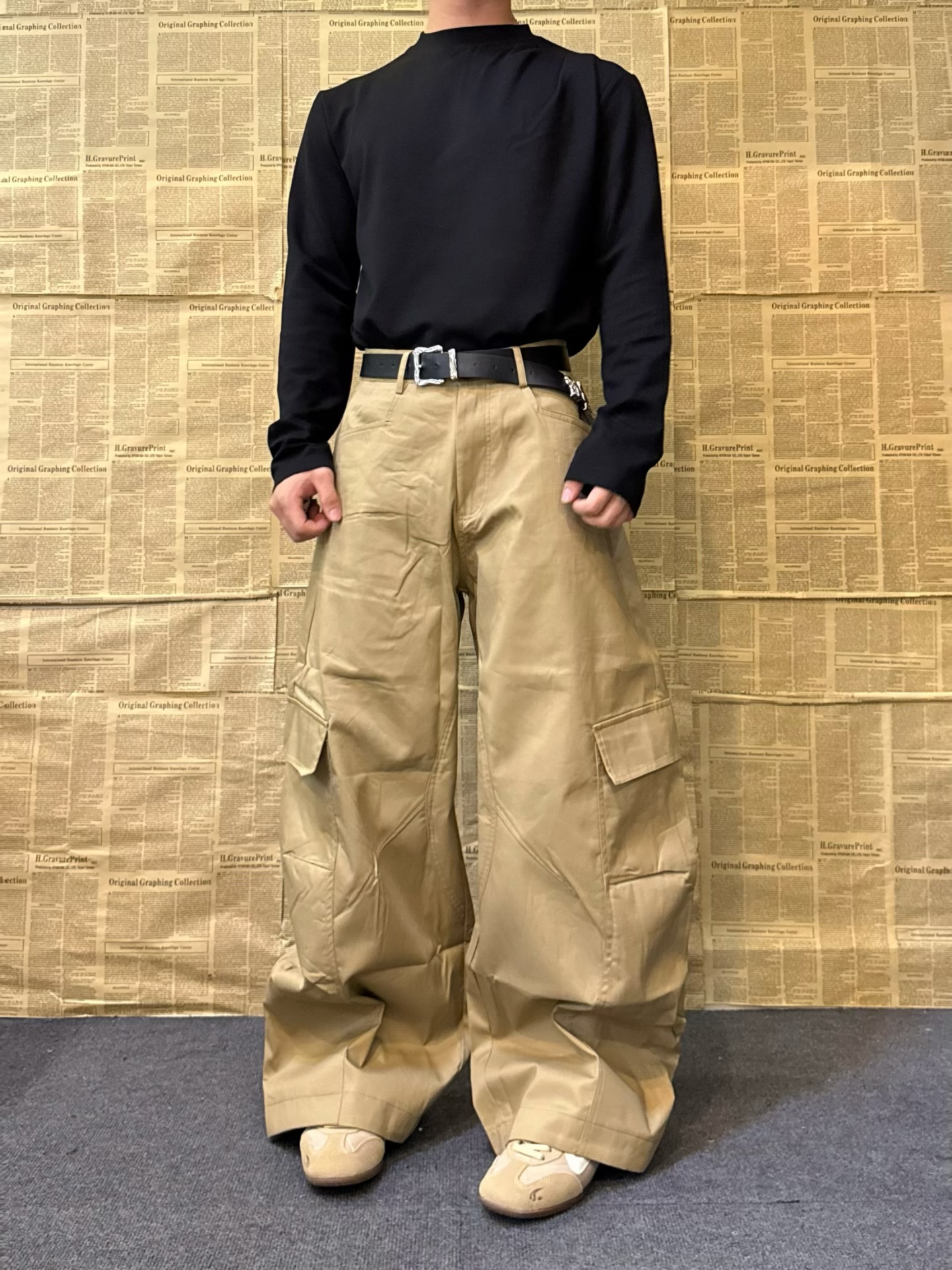 YU811 美式多口袋卡其色弯刀裤男女解构褶皱宽松直筒工装裤休闲裤
