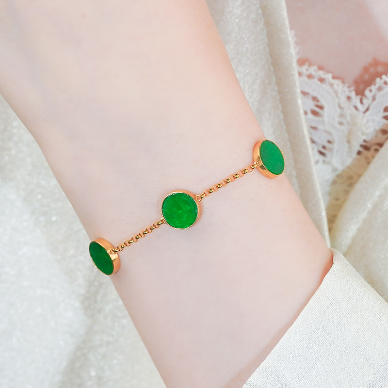 18k金镶嵌天然翡翠饰品A货时尚简约中式配饰满绿圆牌手链