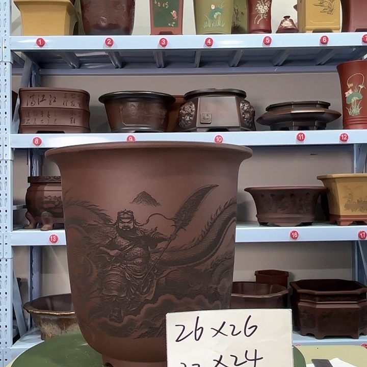 花盆紫砂刻绘关羽