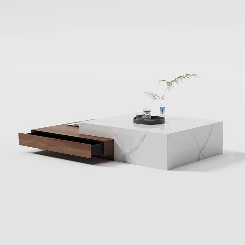 意式极简客厅家用茶几2025伸缩极简中古风高端岩板胡桃复古木茶几