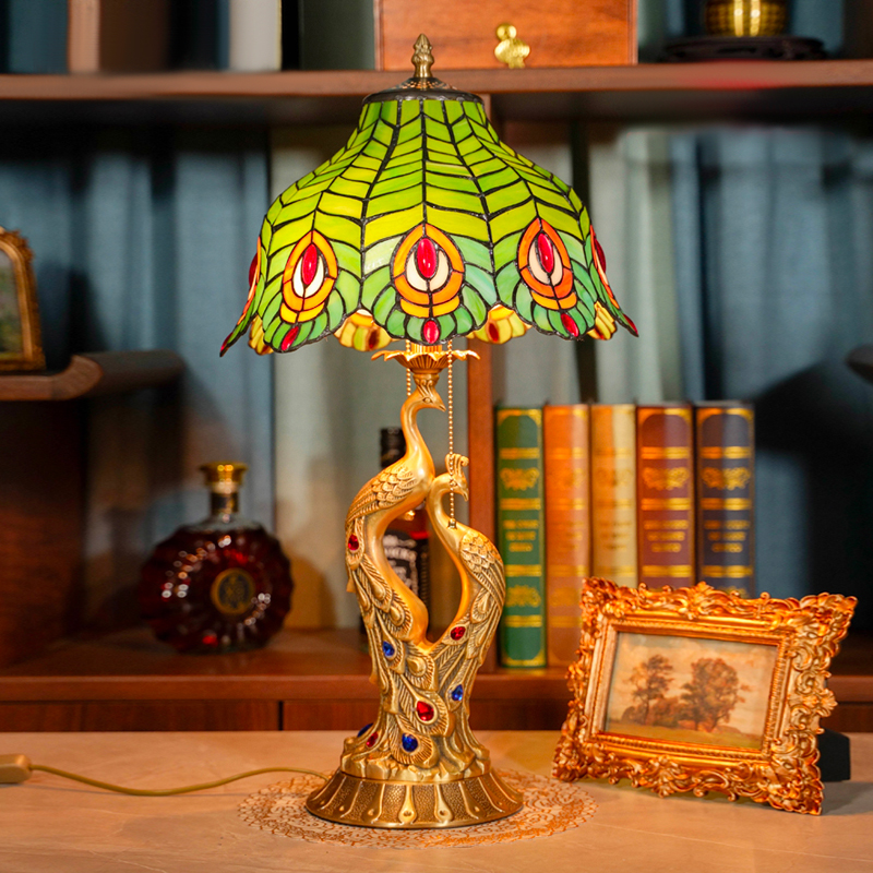 DOOLANS/朵兰舍蒂凡尼Tiffany全铜双凤彩玻罩装饰台灯摆件